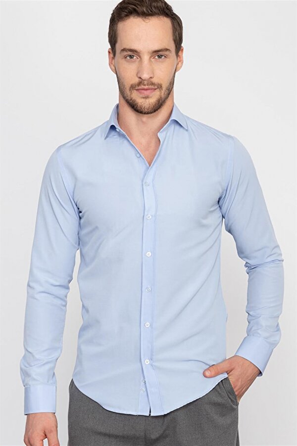 Slim Fit Pamuklu Kolay Ütü Erkek Mavi Gömlek