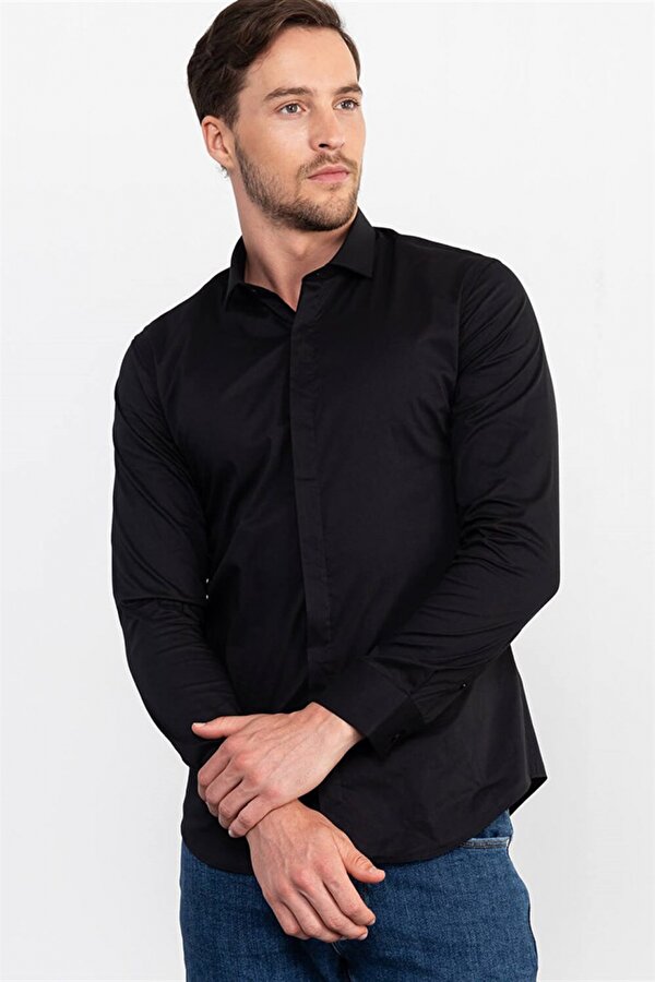 Süper Slim Fit Pamuklu Likralı Erkek Siyah Gömlek