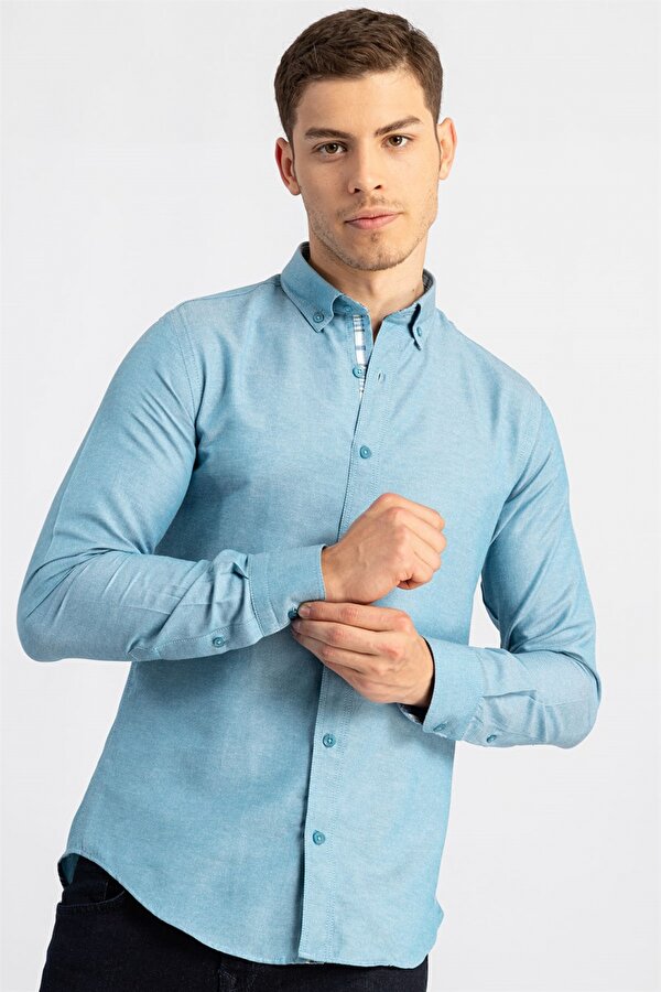 Erkek Slim Fit Dar Kesim Uzun Kollu Pamuklu Oxford Doku Turkuaz Düğmeli Yaka Gömlek