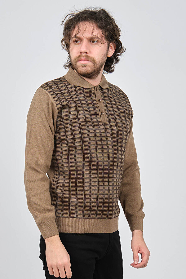 Erkek Polo Yaka Desenli Yün Kazak 6092101 A.Kahve