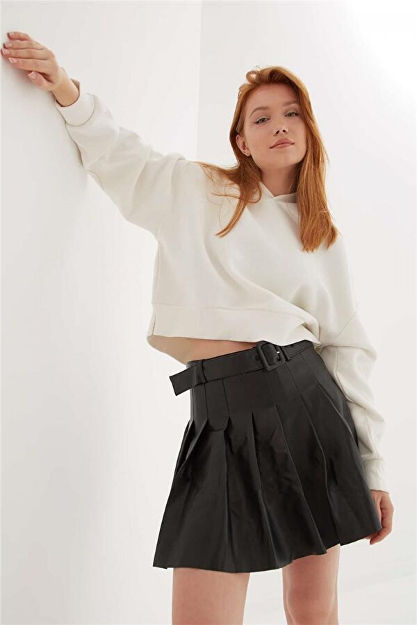 Kapüşonlu Crop Sweat Ekru