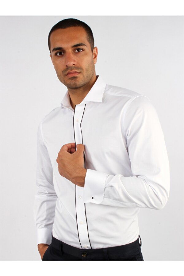 Beyaz Erkek Slim Fit Düz Paul Yaka Duble Manşetli Kol Gömlek - 33415