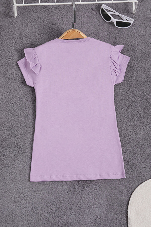 Lila Peluş Ayıcıklı Fırfırlı Kız Çocuk T-shirt 15536
