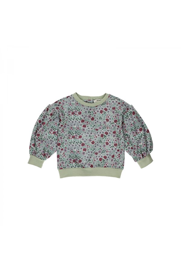 Kız ÇocukÇiçek Desenli Kolu Büzgülü Sweatshirt Yeşil