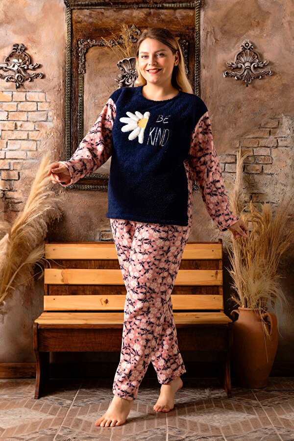 Büyük Beden Peluş Polar Pijama Takımı- Kışlık Büyük Beden Kadın Pijama