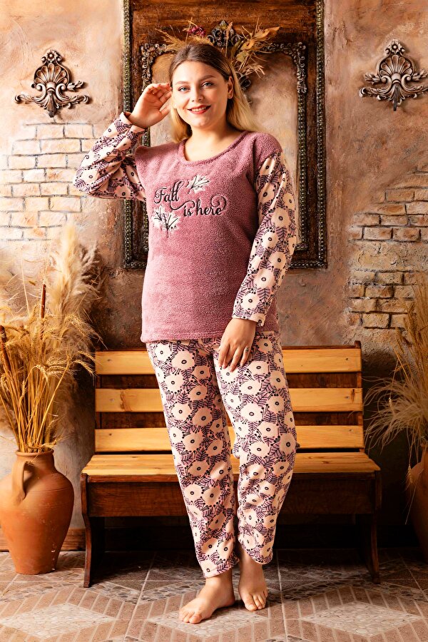 Büyük Beden Peluş Polar Pijama Takımı- Kışlık Büyük Beden Kadın Pijama