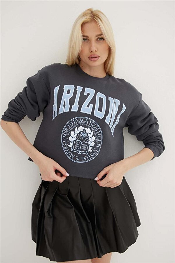 Baskılı Crop Sweat Antrasit