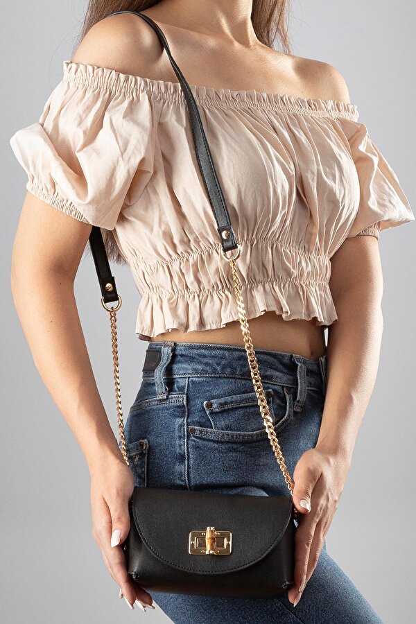 Fonte Orijinal Askılı Bambu Kilitli Mini Kadın Omuz Çantası Siyah