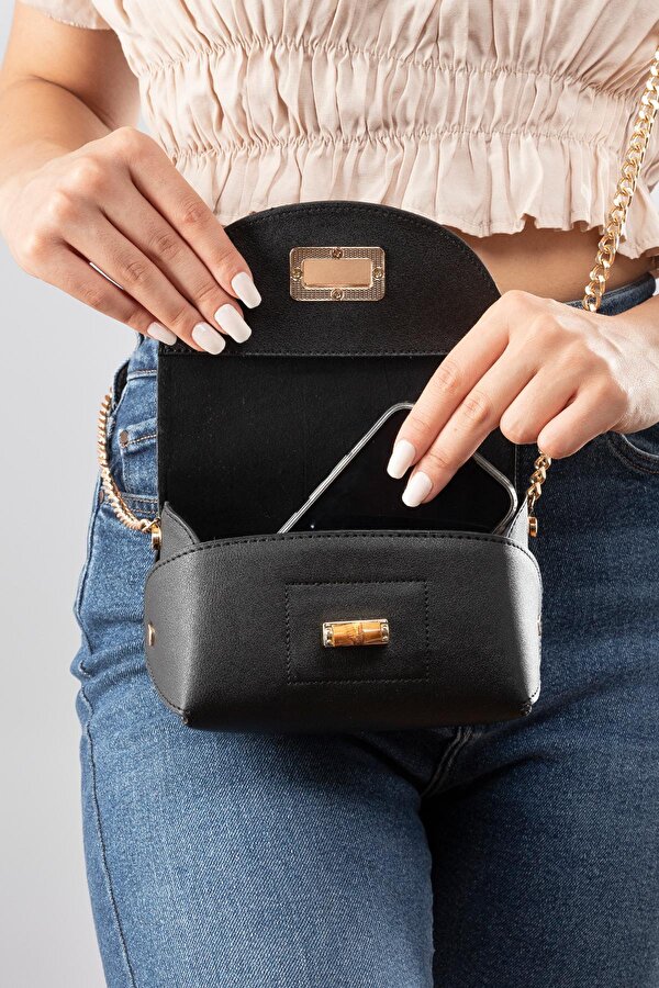 Fonte Orijinal Askılı Bambu Kilitli Mini Kadın Omuz Çantası Siyah