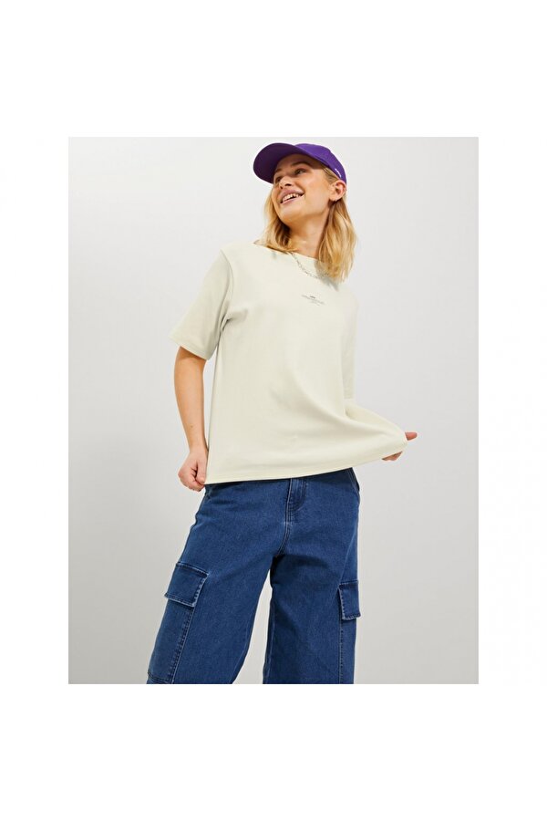 Sıfır Yaka Rahat Kesim Açık Bej Kadın T-Shirt 12241203