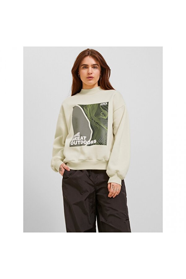 Bisiklet Yaka Rahat Kesim Kırık Beyaz Kadın Sweatshirt 12241324