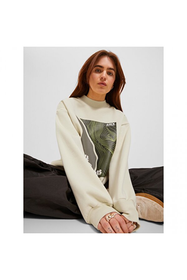 Bisiklet Yaka Rahat Kesim Kırık Beyaz Kadın Sweatshirt 12241324