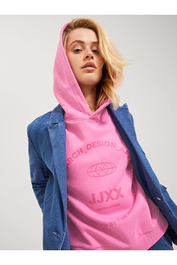 Kapüşonlu Rahat Kesim Pembe Kadın Sweatshirt 12250183