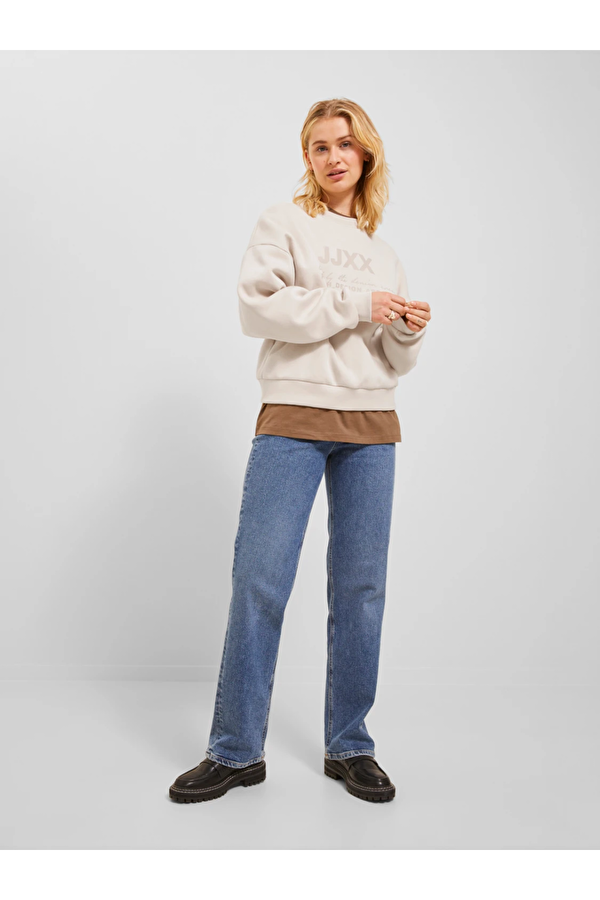 Bisiklet Yaka Rahat Kesim Bej Kadın Sweatshirt 12250175