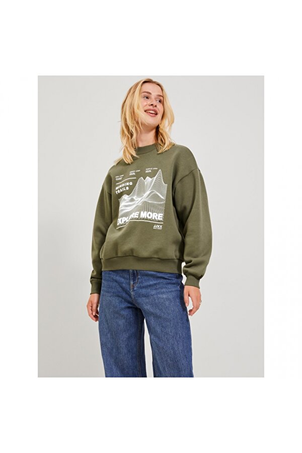 Bisiklet Yaka Rahat Kesim Haki Kadın Sweatshirt 12241324