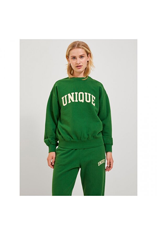 Sıfır Yaka Rahat Kesim Yeşil Kadın Sweatshirt 12244363