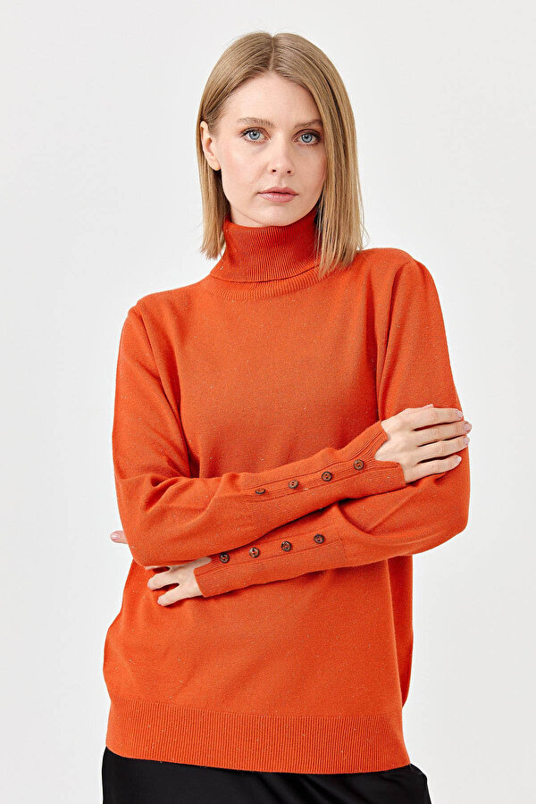 Kadın Tam Balıkçı Yaka Kol Ucu Yırtmaçlı Kazak 22330 Portakal