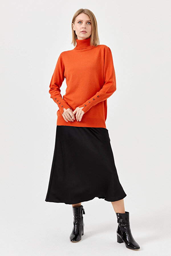 Kadın Tam Balıkçı Yaka Kol Ucu Yırtmaçlı Kazak 22330 Portakal