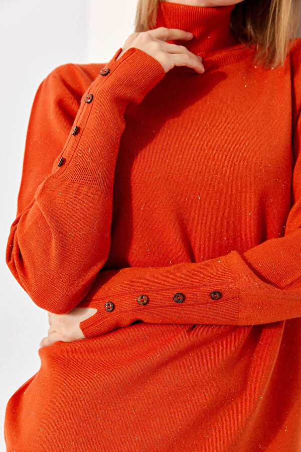 Kadın Tam Balıkçı Yaka Kol Ucu Yırtmaçlı Kazak 22330 Portakal