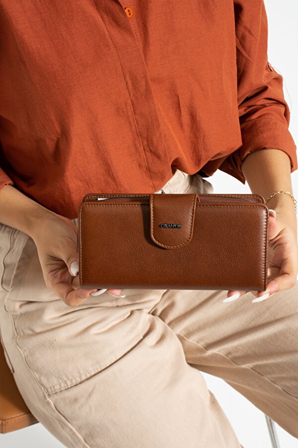 2723 Hakiki deri Kadın Kartlıklı Kağıt & Bozuk Para Bölmeli  Model Şık Kartlık Cüzdan TABA