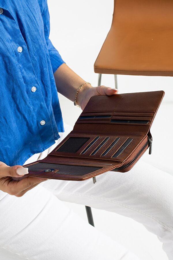 2636 Hakiki deri Kadın Kartlıklı Kağıt & Bozuk Para Bölmeli  Model Şık Kartlık Cüzdan TABA