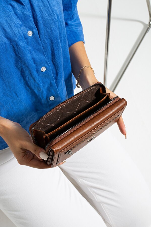 2636 Hakiki deri Kadın Kartlıklı Kağıt & Bozuk Para Bölmeli  Model Şık Kartlık Cüzdan TABA