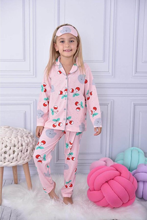 Kiraz Desenli Düğmeli Kız Çocuk Göz Bantlı Pijama Takımı 17026