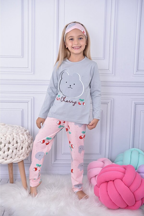 Gri Kirazlı Yazı Baskılı Kız Çocuk Göz Bantlı Pijama Takımı 17029