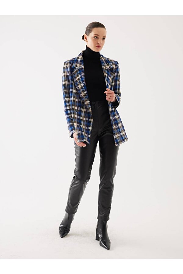 Ekose Desen Saks Kruvaze Oversize Blazer Ceket