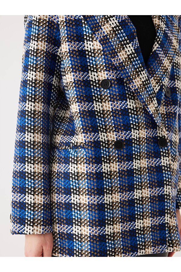 Ekose Desen Saks Kruvaze Oversize Blazer Ceket