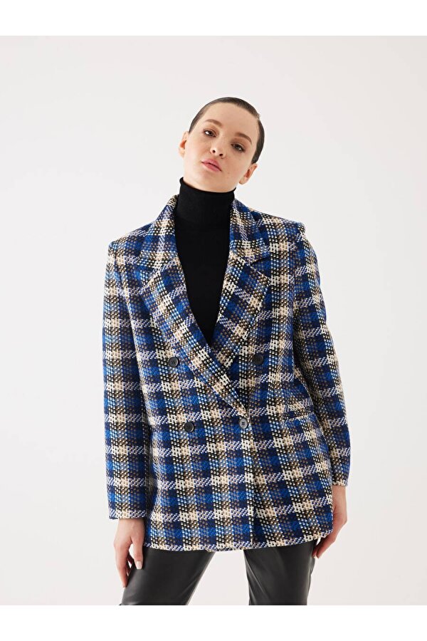 Ekose Desen Saks Kruvaze Oversize Blazer Ceket