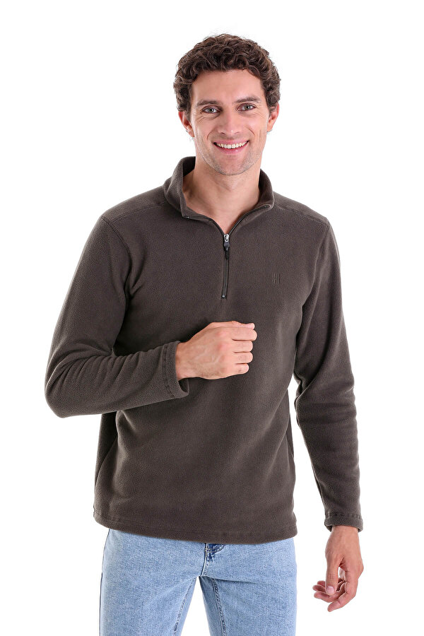 Haki Regular Fit Düz Yarım Fermuarlı Bato Yaka Polar Sweatshirt