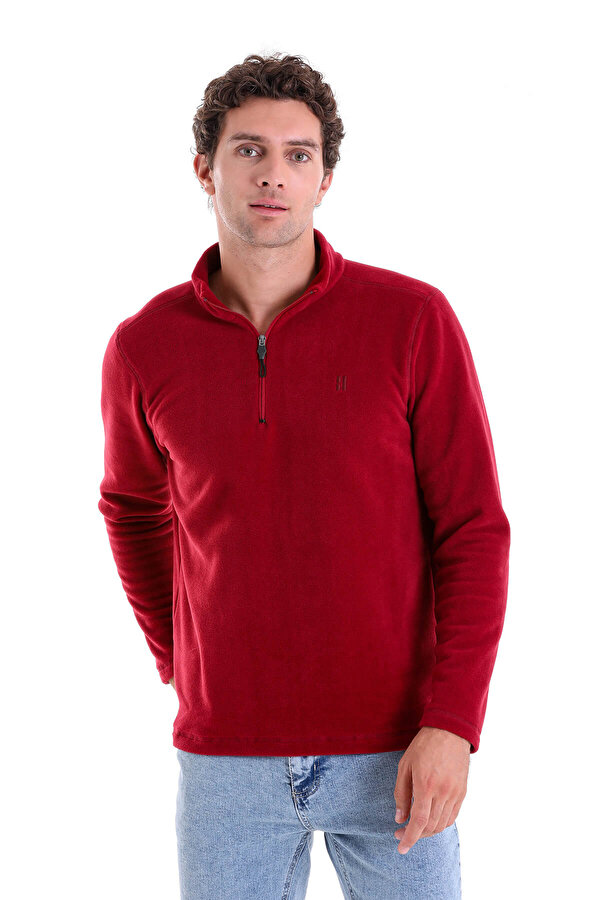 Bordo Regular Fit Düz Yarım Fermuarlı Bato Yaka Polar Sweatshirt