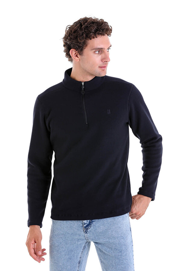 Lacivert Regular Fit Düz Yarım Fermuarlı Bato Yaka Polar Sweatshirt