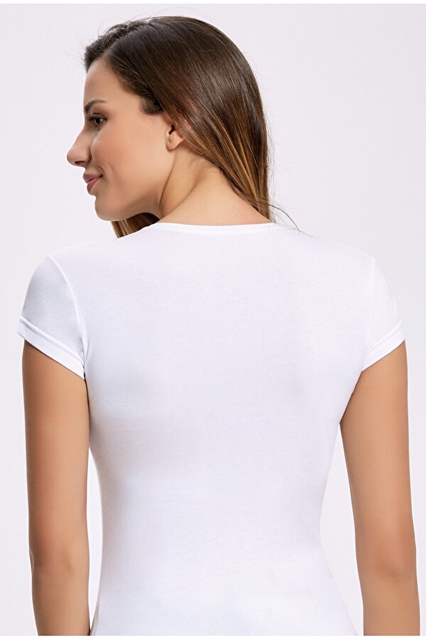 Likralı Yuvarlak Yaka Kadın T-shirt  5 Adet Beyaz