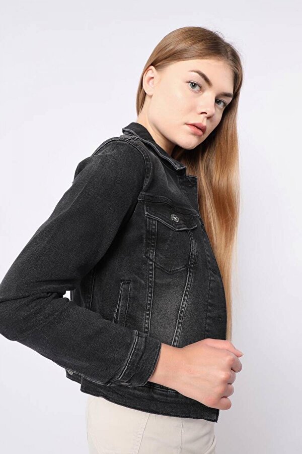 Kadın Antrasit Slim Fit Jean Ceket