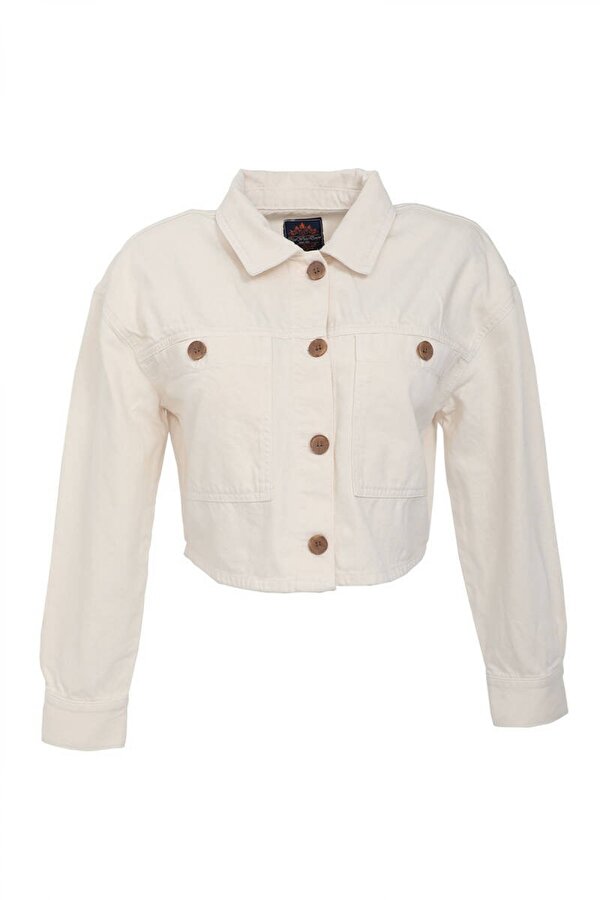 Kadın Ekru Crop Kesim Jean Ceket