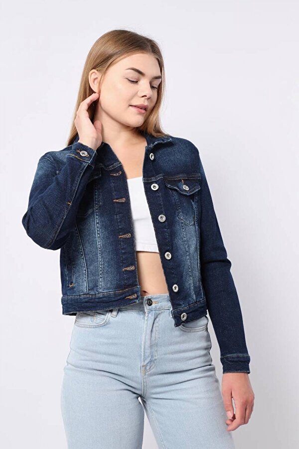 Kadın Koyu Mavi Slim Fit Jean Ceket