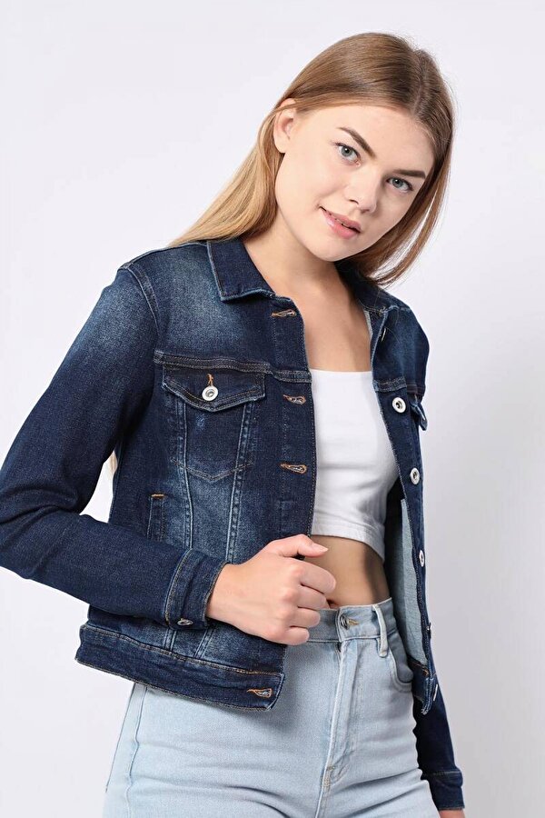 Kadın Koyu Mavi Slim Fit Jean Ceket