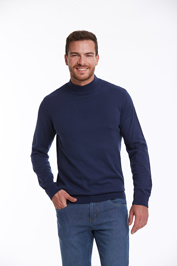 indigo Regular Fit Düz 100% Pamuk Yarım Balıkçı Yaka Triko Kazak