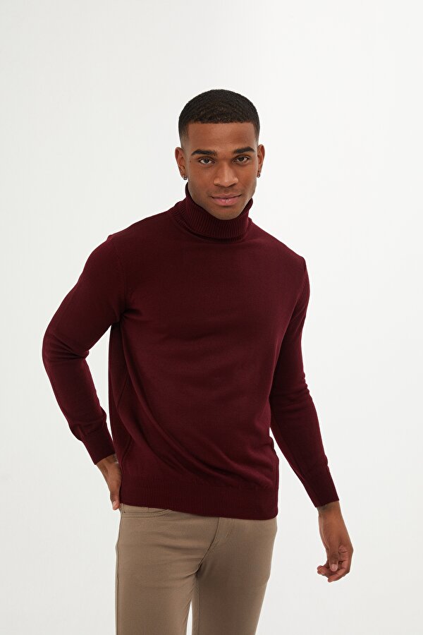 Bordo Regular Fit Düz Balıkçı Yaka Triko Kazak