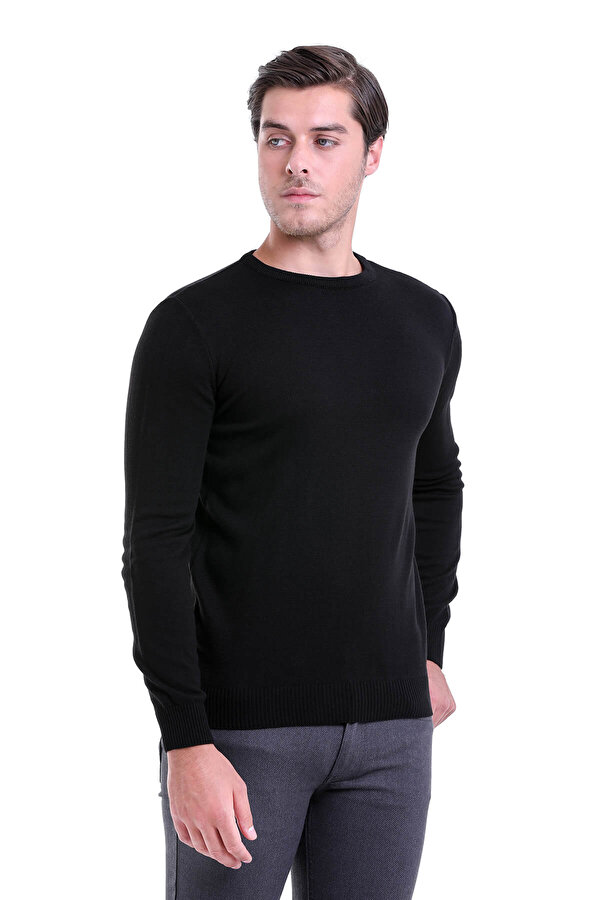 Siyah Regular Fit Düz Bisiklet Yaka Triko Kazak