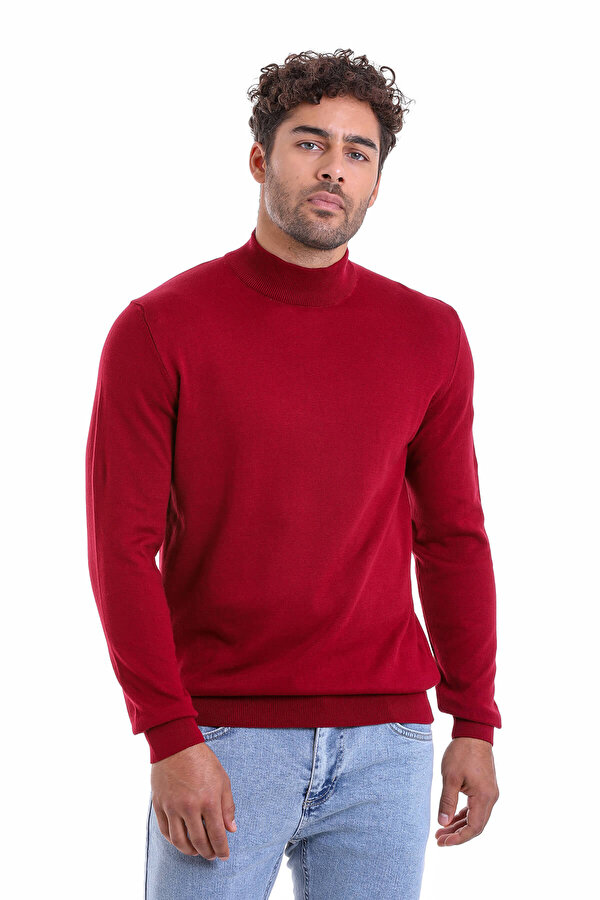 Bordo Regular Fit Düz 100% Pamuk Yarım Balıkçı Yaka Triko Kazak