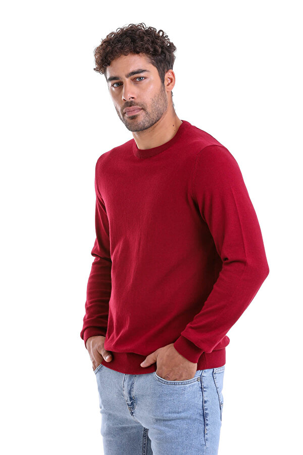 Bordo Regular Fit Düz 100% Pamuk Bisiklet Yaka Triko Kazak
