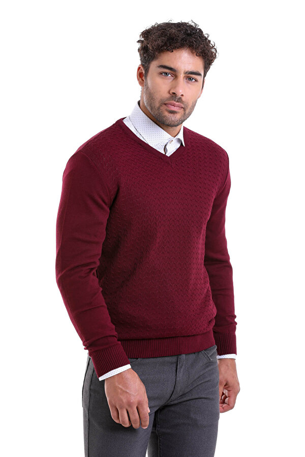Bordo Regular Fit Jakarlı V Yaka Triko Kazak