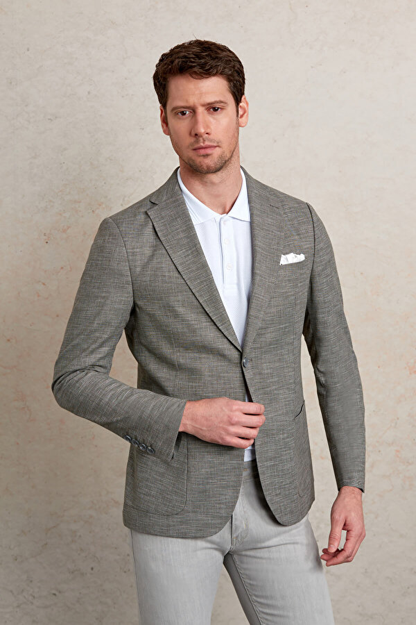 Haki Slim Fit Desenli Mono Yaka Casual Keten Ceket