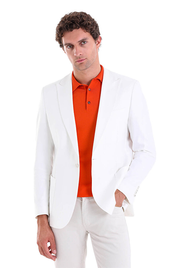 Beyaz Comfort Fit Düz Mono Yaka Casual Keten Ceket