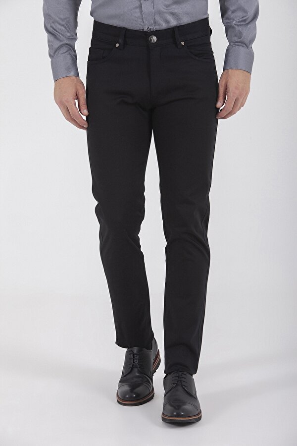 Siyah Slim Fit Düz Düşük Bel Kanvas Pantolon