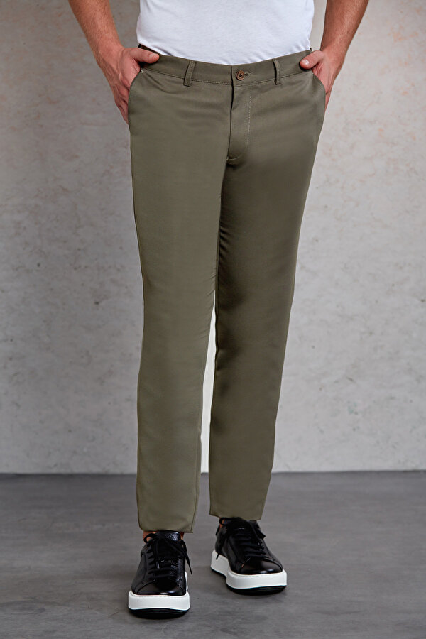Haki Slim Fit Desenli Yandan Cep Kanvas Pantolon