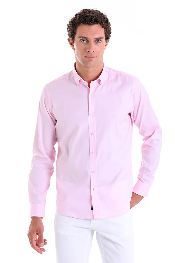 Pembe Comfort Fit Düz 100% Pamuk Düğmeli Yaka Uzun Kollu Casual Gömlek